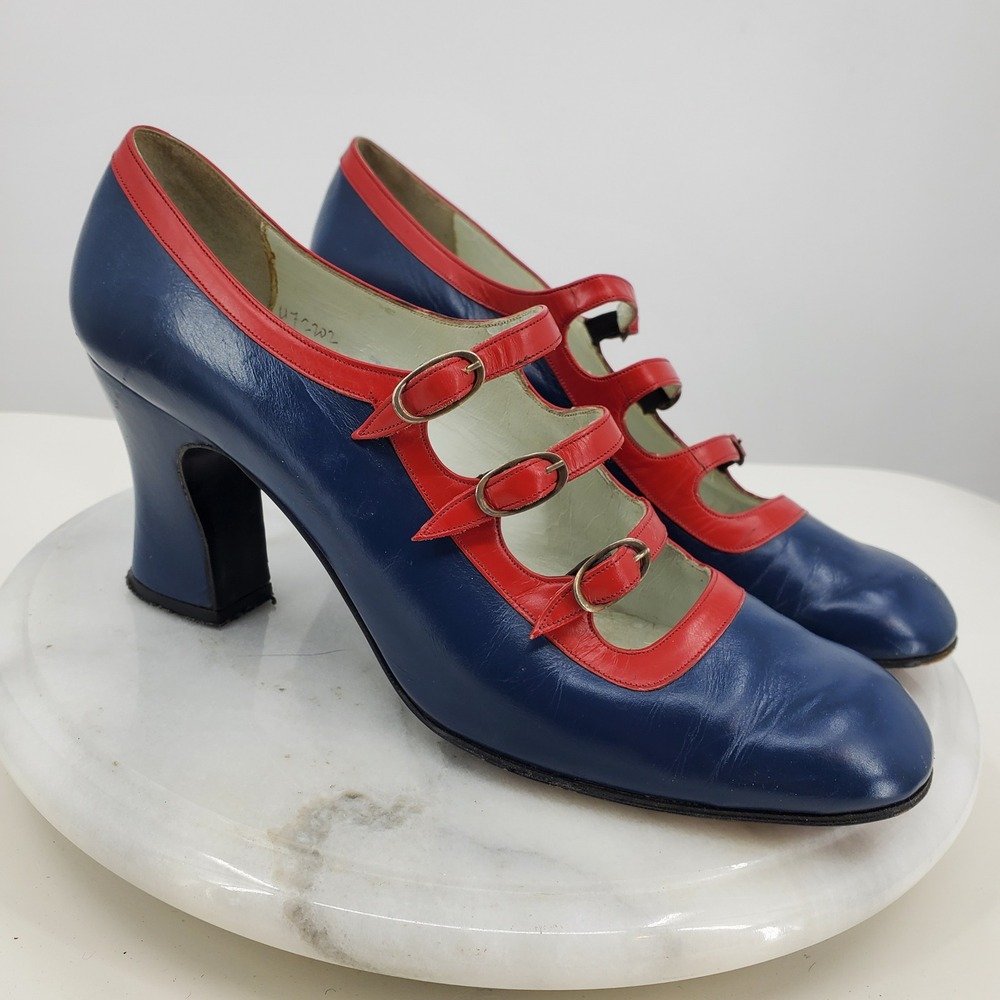 Vintage Mikelos Athen Triple Strap Mary Jane Heels Navy Red Leather 7.5M Pinup